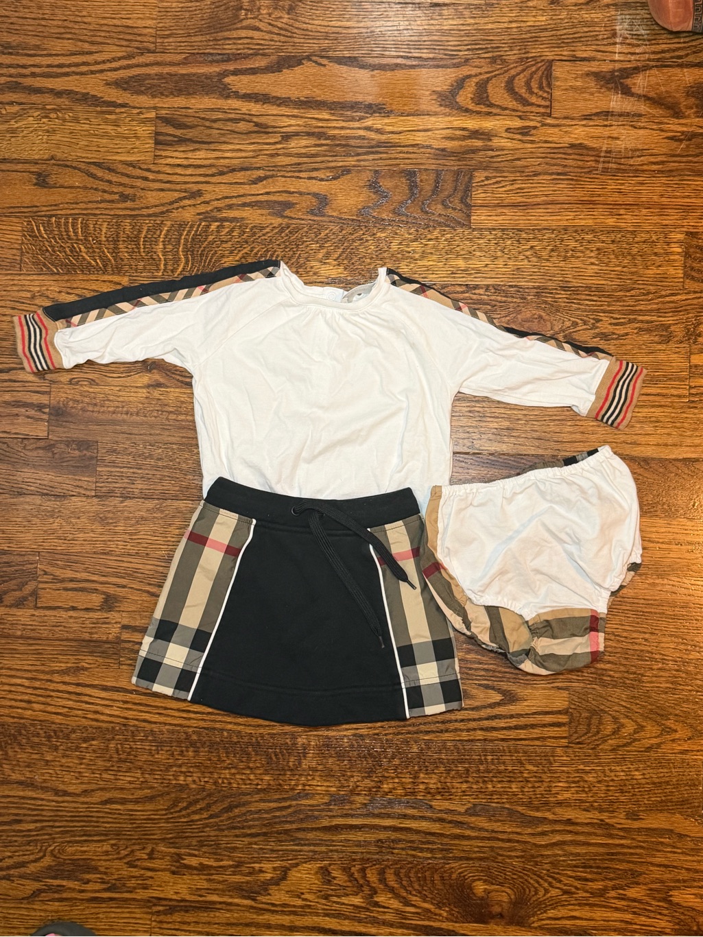 Burberry White Top With Black Plaid-Trim Skirt Set